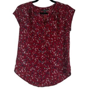 41 Hawthorn Blouse XS Red Floral Short Sleeve V Neck Work Career Top